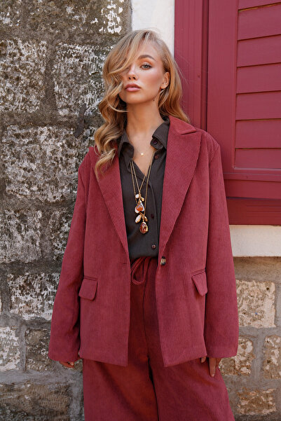 Trend Alaçatı Stili Kadın Kiremit Kadife İçi Astarlı Blazer Ceket ALC-X14545
