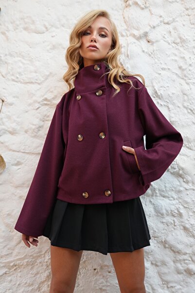 Trend Alaçatı Stili Women's Burgundy Stand Collar Double Breasted Closure Double Pocket Cashmere Coat Alc-X14572