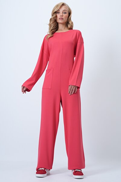 Trend Alaçatı Stili Women's Coral Crew Neck Zippered Back Relaxed Fit Jumpsuit Alc-X14554