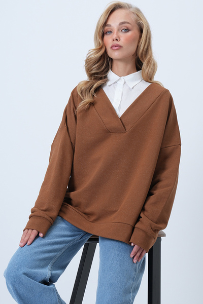 Trend Alaçatı Stili Дамска канелена кафе V-образно деколте с кръстосана предна част и голям размер ALC-X14555