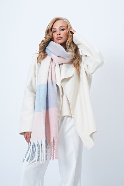Trend Alaçatı Stili Women's Blue-Pink Wool Blend Fringed Winter Shawl Alc-X14581