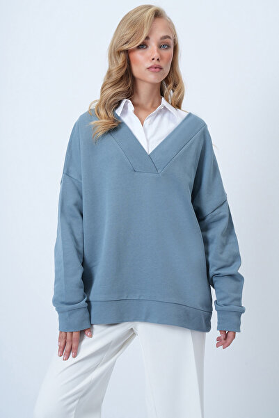 Trend Alaçatı Stili Women's Painted Gray V-Neck Double-Breasted Oversized Sweatshirt Alc-X14555