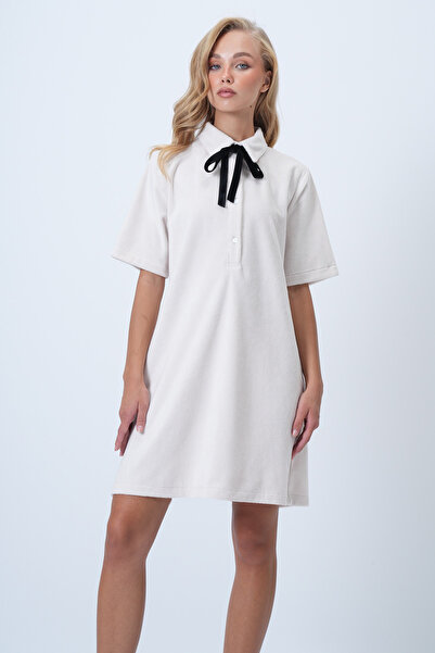 Trend Alaçatı Stili Women's Ecru Polo Neck Half Placket Buttoned Textured Velvet Mini Dress Alc-X14536