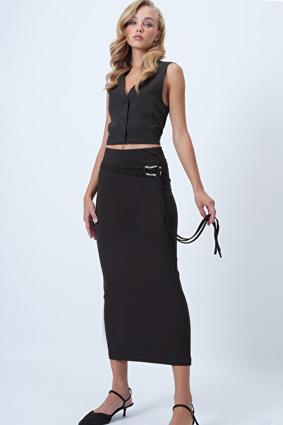 Trend Alaçatı Stili Women's Bitter Brown Belt Detailed Midi Length Sandy Skirt Alc-X14550