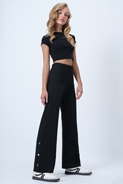 Trend Alaçatı Stili Kadın Siyah Yüksek Bel Çıtçıt Detaylı Örme Palazzo Pantolon ALC-X14534