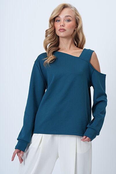 Trend Alaçatı Stili Women's Petrol Blue Asymmetrical Cut Shoulder Band Detailed Knitted Blouse Alc-X14574