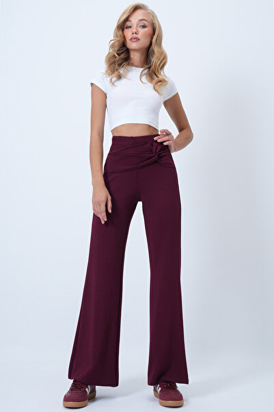 Trend Alaçatı Stili Kadın Bordo Beli Düğüm Detaylı Modal Pantolon ALC-X14524