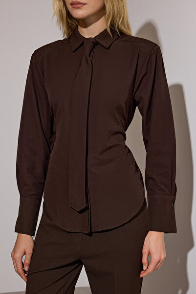 Trendyol Collection Кафява риза с вратовръзка, лимитирана серия TWOAW26GO00047
