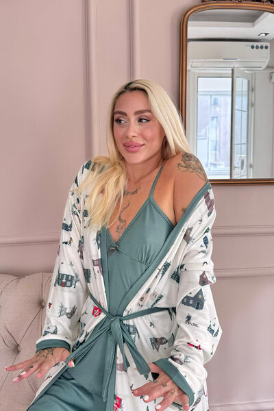 Pijamaevi Biela súprava termo nočnej košele s domácim vzorom dámskeho pyžama