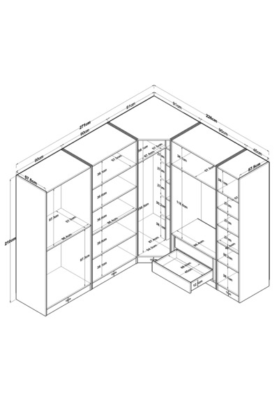 Rani Mobilya Rani BA151 Köşe Gardırop Elbise Dolabı 8 Kapaklı 2 Çekmeceli 17 Raflı 4 Askılı Modüler Dolap Beyaz