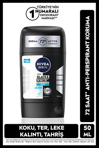 NIVEA MEN Erkek Stick Deodorant Black&white Invisible Fresh 50 ml, 72 Saat Anti Perspirant,Leke Karşıtı