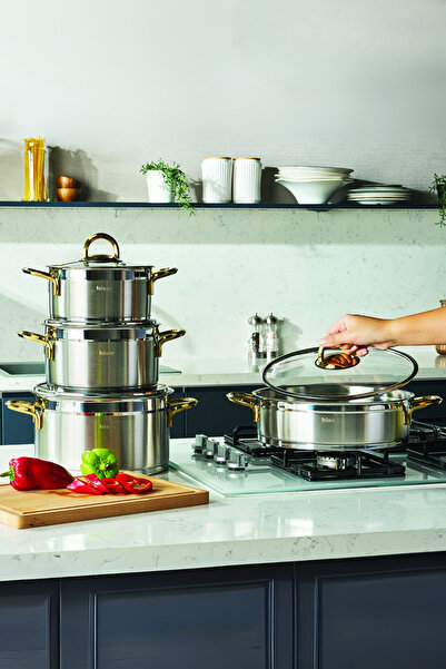 Hisar Orion İndüksiyon Tabanlı 8 Parça Çelik Tencere Seti Titanyum Gold