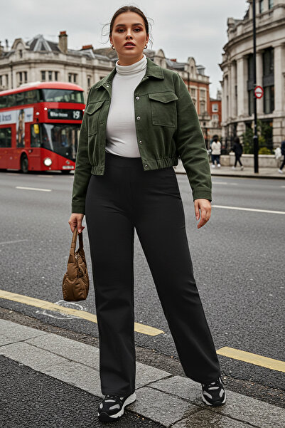 Trendyol Curve Black Straight Fit High Waist Crepe Knitted Plus Size Pants Tbbaw24Ar00008