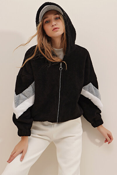 Trend Alaçatı Stili Dámská černo-šedá plyšová mikina s kapucí a zipem Color Block Oversize ALC-547-001