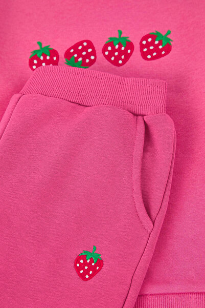 TRENDYOLKIDS Dark Pink Printed Crew Neck Regular Girl's Knitted Bottom - Top Set Tkdaw26Au00045