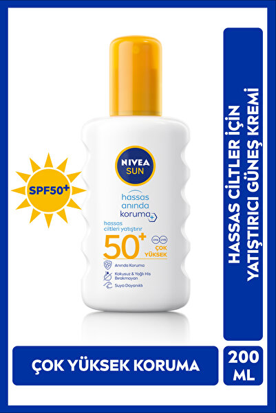 NIVEA SUN SPF50 Hassas Anında Güneş Koruyucu Vücut Spreyi 200ml, Suya Dayanıklı, Yatıştırıcı, Hassas Cilt