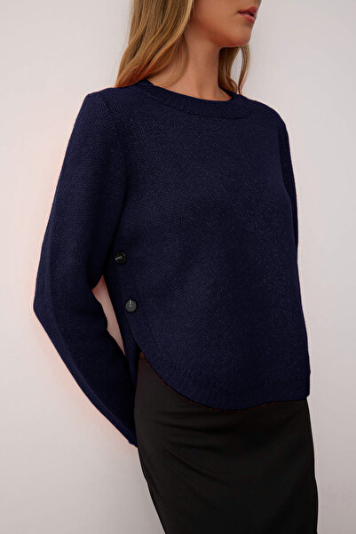 Trendyol Collection Navy Blue Wide Fit Soft Textured Button Detailed Knitwear Sweater Twoaw26Kz00098
