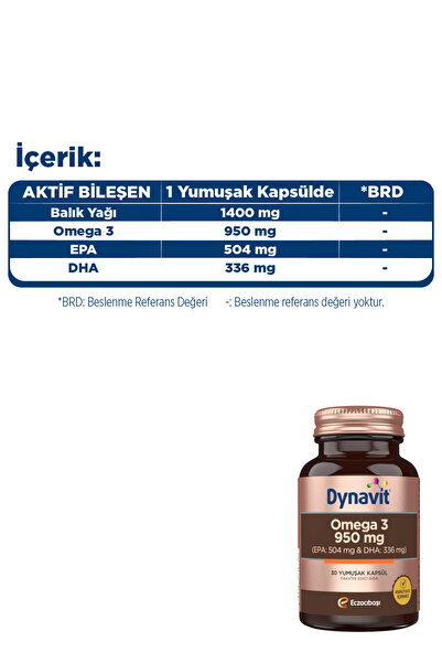Dynavit Omega 3 950 mg 30 Yumuşak Kapsül x2&Magnesium Citrate 200 mg, Vitamin D 60 Tablet-3'lü Destek Paketi