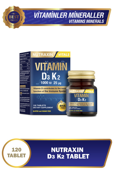 Nutraxin D3K2 120 Tablet 3'lü - 1000 Iu D3 Vitamini, 25 Mcg K2 Vitamini