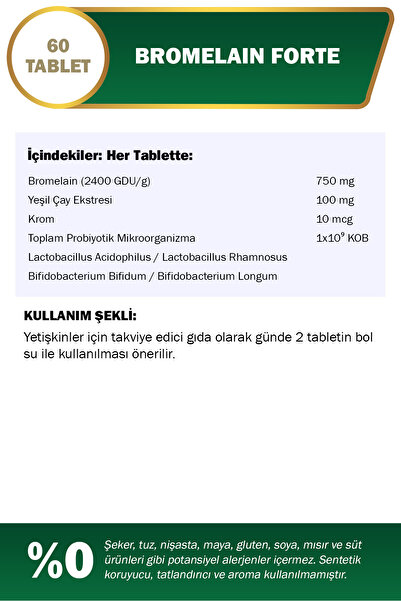 Nutraxin Bromelain Forte 750 mg 60 Tablet Krom Yeşilçay Probiyotik