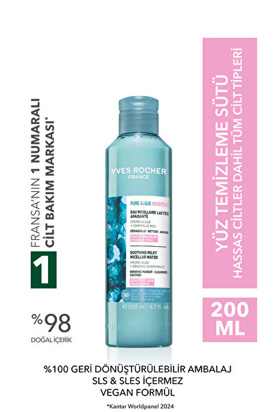 Yves Rocher Yüz&Makyaj Temizleme Micellar Sütü-Hassas Dahil Tüm Cilt-Pure Algue Sensitive Botanik Kompleks 200ml