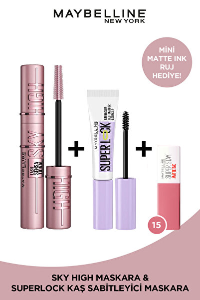 Maybelline New York Sky High Maskara & Super Lock Kaş Sabitleyici & Matte Ink...
