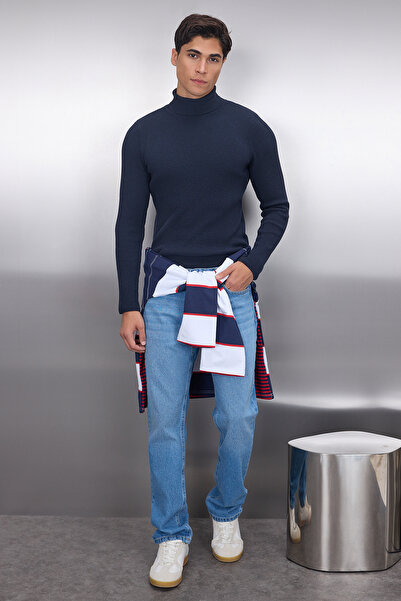 Trendyol Collection Marineblauer Slim-Fit-Rollkragenpullover aus Baumwolle mit Zopfmuster TMNAW20MG0031