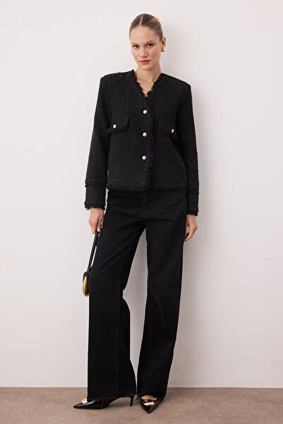 Trendyol Collection Černá třpytivá tkaná tvídová bunda TWOAW26CE00027