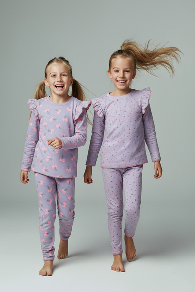 TRENDYOLKIDS Lila bedrucktes 4-teiliges gestricktes Pyjama-Set für Mädchen mit Oberteil und Unterteil TKDAW26PT00012