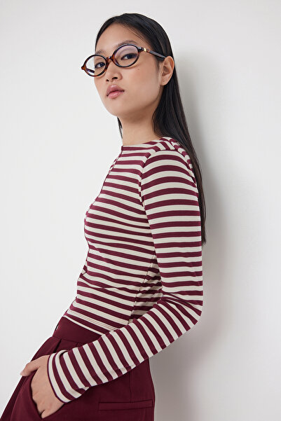 Trendyol Collection Teen Fitted/Fitted Striped Burgundy Knitted Blouse Twoaw26Bz00256