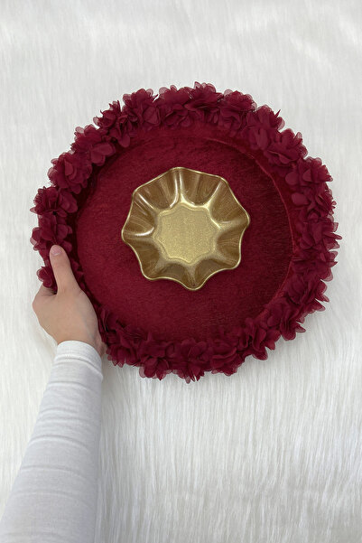 ZEYMERADE Bordo Gelin Kına Gecesi Tepsisi, Düğün, Sünnet, Kadife Üç Boyutlu Lazer Çiçek Süslemeli Tepsi