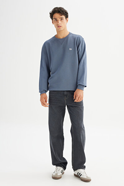 Lee Суитшърт Regular Fit Normal Cut 100% памук с кръгла яка индиго с полар отвътре