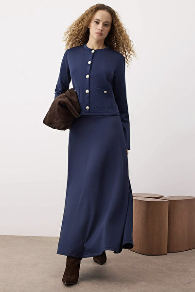 Trendyol Modest Navy Blue Diving/Scuba Fabric Button Detailed Knitted Bottom - Top Set Tctaw26Us00038