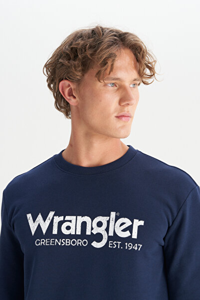 WRANGLER Regular Fit Normal Kesim Bisiklet Yaka %100 Pamuk Erkek Lacivert Logo Baskılı Sweatshirt