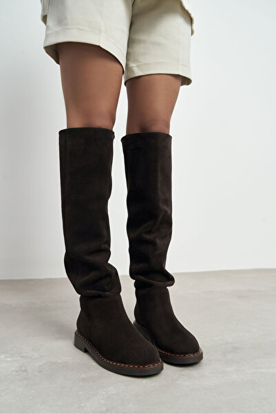 NİŞANTAŞI SHOES Γυναικείες μπότες με επίπεδη σόλα Yoko Bitter Brown Suede από γνήσιο δέρμα με στρογγυλή μύτη