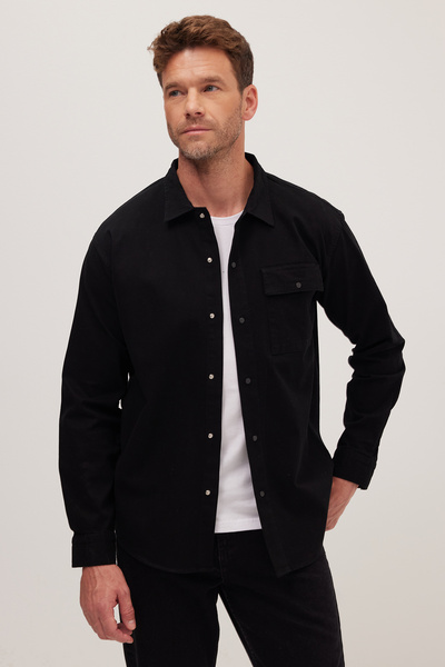 Tudors Relax Fit Rahat Kesim Çıtçıtlı Tek Cep Apaş Yaka 4 Mevsim Denim Düz Siyah Erkek Gömlek