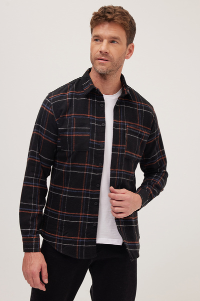 Tudors Erkek Slim Fit Dar Kesim Uzun Kollu Kareli Çift Cepli Kışlık Oduncu Gömlek