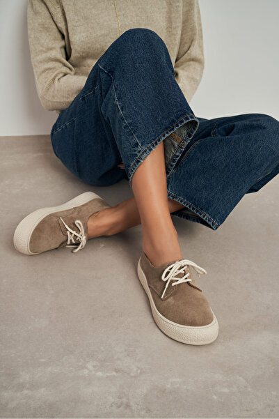 NİŞANTAŞI SHOES Space Dark Beige Genuine Leather Suede Lace-Up Casual Sneaker Women's Shoes
