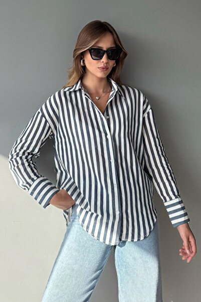 Trendyol Collection Navy Blue Beige Striped Oversize Thin Fabric Shirt Twoaw26Go00093