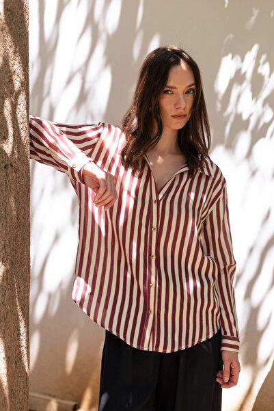 Trendyol Collection Burgundy Comfortable Fit Striped Woven Thin Shirt Twoss25Go00172