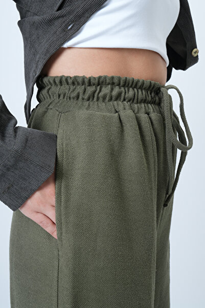 Trend Alaçatı Stili Women's Green High Waist Tie Detail Thick Trousers Alc-X14549