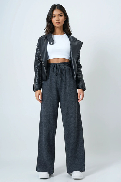 Trend Alaçatı Stili Women's Anthracite High Waist Tie Detail Thick Trousers Alc-X14549