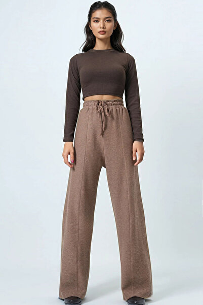 Trend Alaçatı Stili Women's Milk Coffee High Waist Tie Detail Thick Trousers Alc-X14549