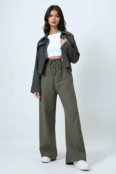 Trend Alaçatı Stili Women's Green High Waist Tie Detail Thick Trousers Alc-X14549