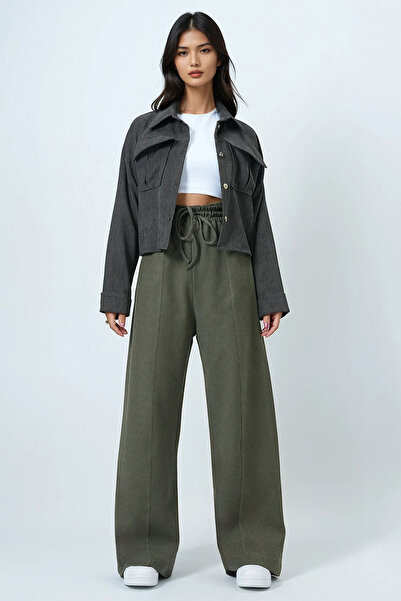 Trend Alaçatı Stili Women's Green High Waist Tie Detail Thick Trousers Alc-X14549