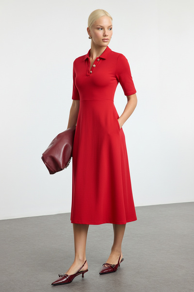 Trendyol Collection Red Midi Knitted Dress - Three Quarter Sleeve, Button-Down Collar, Skater Style - Twoaw25El00518