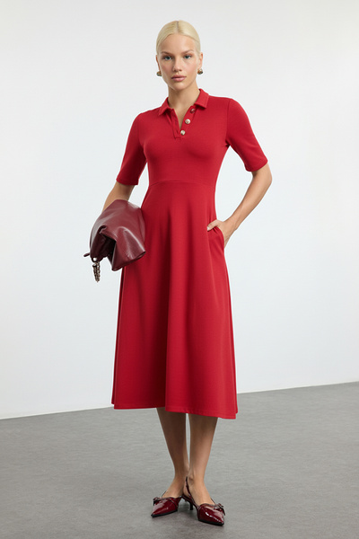Trendyol Collection Red Midi Knitted Dress - Three Quarter Sleeve, Button-Down Collar, Skater Style - Twoaw25El00518