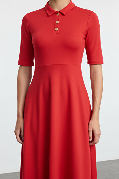 Trendyol Collection Red Midi Knitted Dress - Three Quarter Sleeve, Button-Down Collar, Skater Style - Twoaw25El00518