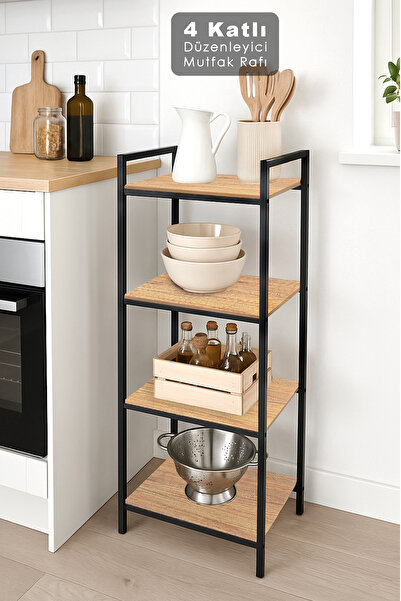 Meleni Home 4 Katlı Mutfak Rafı - Ahşap Raflı Dekoratif Malzeme Dolabı Banyo ...