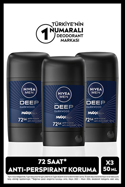 NIVEA Men Erkek Stick Deodorant Deep Dark Wood 50ml, 48 Saat Koruma, X3 Adet